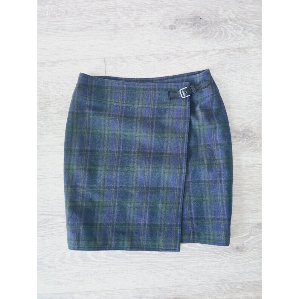 Lauren Ralph Lauren Wool Buckle Emerald Green Plaid Knee Short Wrap Skirt 8 M